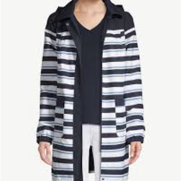 Chico's White and Blue Hooded Rain Jacket - Picture 1 of 10